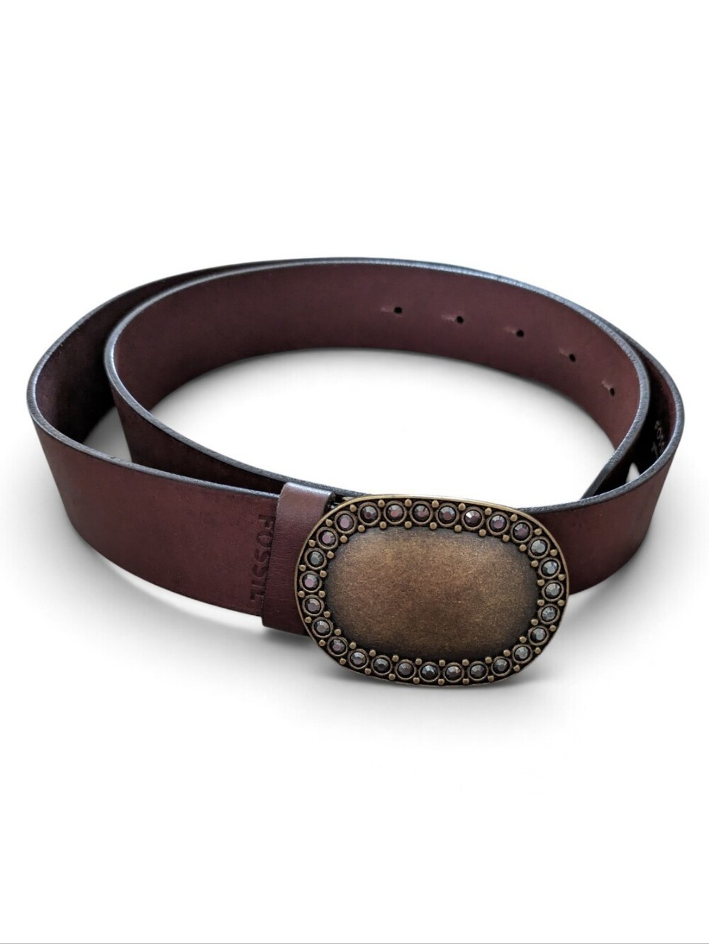 Fossil Womans Leather Belt Brown Oval Rhinestone Buckle Western Medium